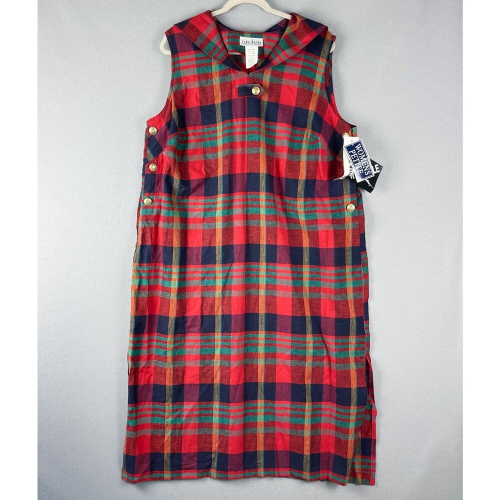 Vintage Lady Dorby Linen Dress Women 20WP Plaid Midi Shawl Collar Cottage NEW